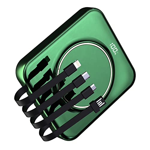 Sirius Jar モバイルバッテリー 大容量 10000mAh 小型 4ケーブル内蔵 軽量 LCD残量表示 2A急速充電 ワイヤレス充電 5台同時充電 スマホ充電器 携帯充電器 PSE認証済 出張/旅行/緊急用必携品 停電対策 防災グッズ iPhone/iPad/Android各種対応 (グリーン)