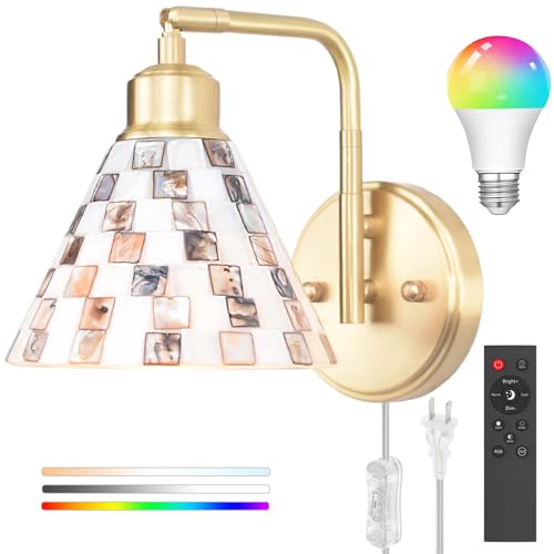 Image of Natural Seashell Mosaic Lampshade Modern Brass Wall Sconce with Remote Control LED Bulb, Plug-in Bedside Wall Light, Adjustable Brightness Temperature for Living Room, Bedroom, Hallway, Foyer