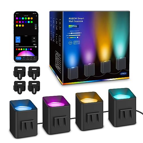 Image of APPECK Smart Wall Sconces 4 Pack, LED Wall Lights RGBCW 8FT, Indoor Dimmable Sconce Lights for Living Room, Bedroom, Game Room, Home Decoration, Music Sync Ambient Lighting Compatible with Alexa