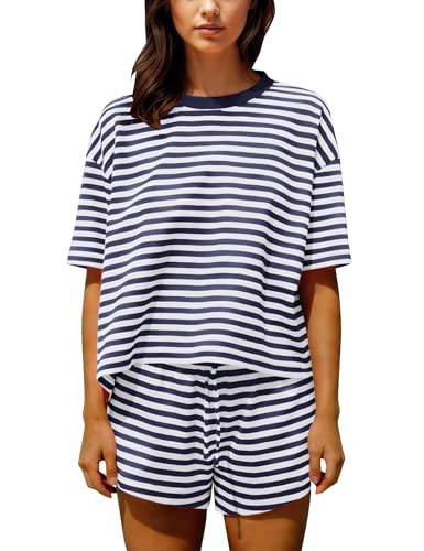Image of Ythomm Striped Pajamas Shorts Sets Women 2 Piece Lounge Outfits Short Sleeve Tees Drawstring Shorts Summer Matching Pj Sets