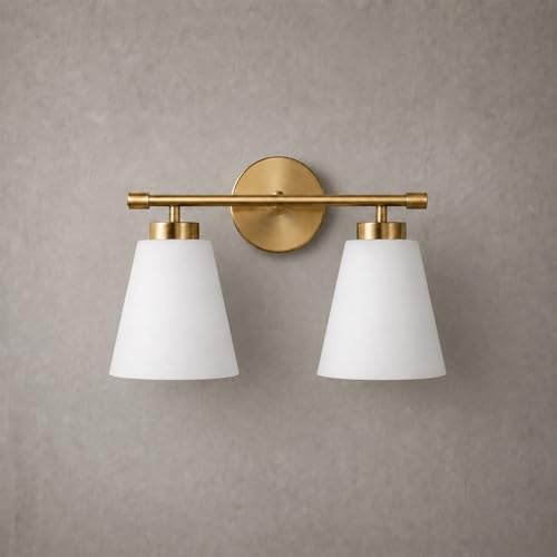 Image of Hamilyeah Gold Bathroom Vanity Light Fixture with Frosted Glass Shade, 2 Light Vanity Lighting Fixture Over Mirror, 2 Bulb Wall Lamps for Bathroom, Restroom, Living Room