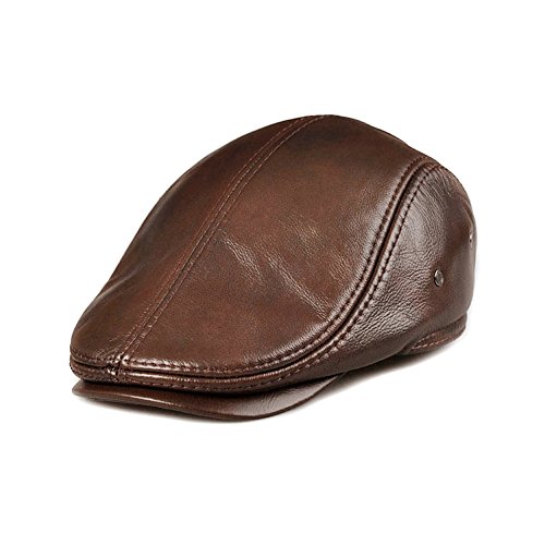 VEMOLLA Men's Real Cowhide Leather Beret Hunting Cap Beanie Trucker Cap Mens Sports Hat Ancient Brown L - Thumbnail 6