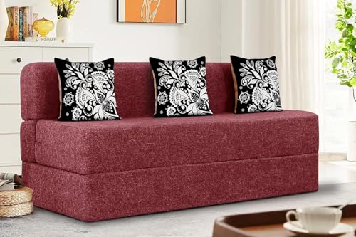 Image of Rosebell Three Seater Sofa Cum Bed | Jute Fabric Washable Cover | with 3 Printed Cushions Perfect for Guest | Red | 5' X 6' Feet