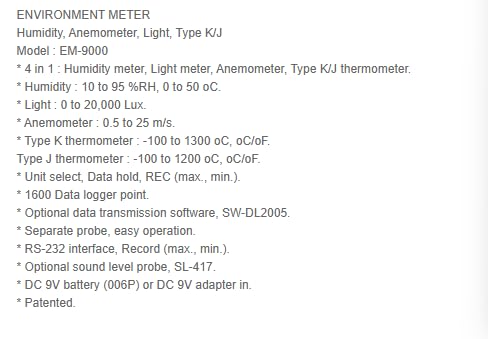 EM9000 Multi in One EnvironmentalTester Wind Speed, Airflow Temp Humidity Illumination Air PressureTemp EnvironmentalMETER