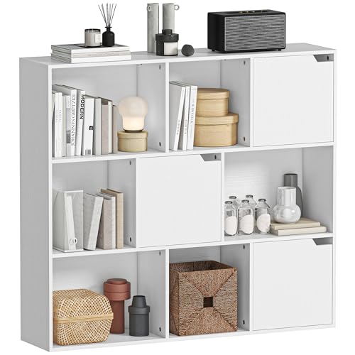 HOMCOM Estantería modular con 6 secciones abiertas y 3 cerradas con puertas magnéticas, estantería moderna de aglomerado para salón, estudio y dormitorio, 106 x 24 x 95 cm, blanco