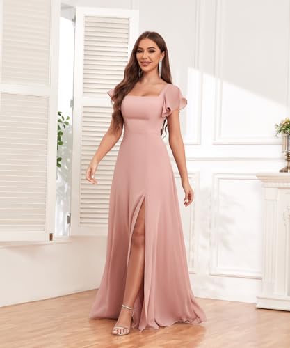 OFEECHUN Women's Chiffon Long Bridesmaid Dresses with Sleeves A Line Evening Formal Party Dress with Slit4