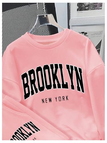 Image of SweatyRocks Girl's Tracksuit 2 Piece Outfits Letter Graphic Crewneck Sweatshirt and Sweatpants Set Pink 10Y