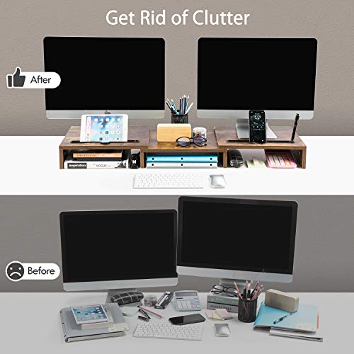 LORYERGO Dual Monitor Riser Stand - 3 Shelf Screen Laptop Stand with Storage Slots for Phone (Vintage)