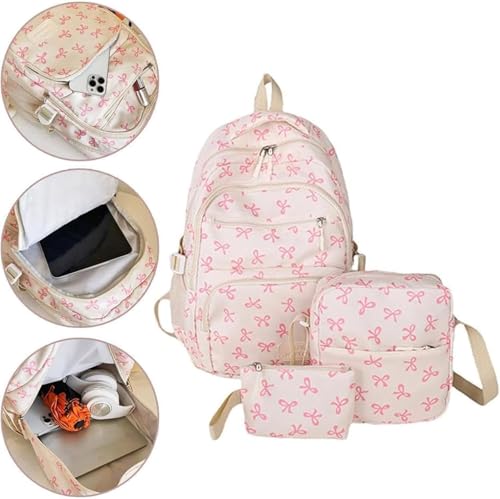 Bow Backpack for Girls, 3Pcs Set Backpack For Girls, Nylon Bow Pattern, Cute Kawaii Backpacks Set Large Capacity (Pink)4