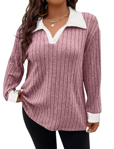 Image of Koscacy Women Plus Size Casual Knit Sweater Lapel V Neck Solid Color Tops Lightweight Long Sleeve Blouses