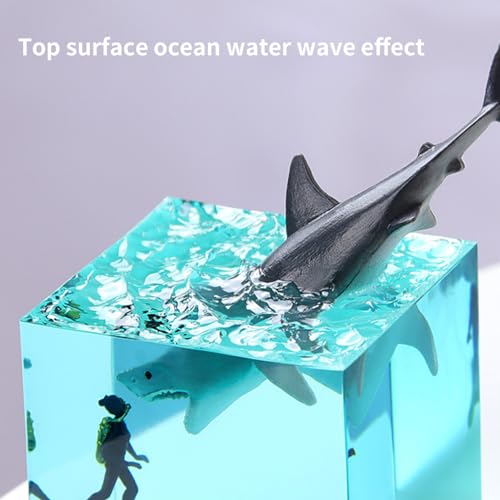 Tuzsocr 3D Epoxy Resin Lamp,LED Whale Night Light,Sea Diver and Shark Cube Lamp,Realistic Ocean Animals Sculpture,Whale Model with Woodern Base 70mm,Unique Style Gift for Ocean Lovers (Style 1 + Base) - Image 3