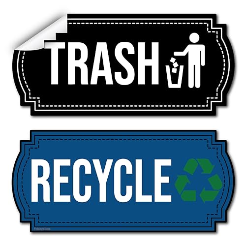 Recycle and Trash Stickers for Trash Cans - Vinyl Recycling Bin Labels - 2 Pack - 6.5" by 3" Blue & Black Decals Logo Set - Waste Signs for Home Kitchen or Office Bins Indoor/Outdoor Use