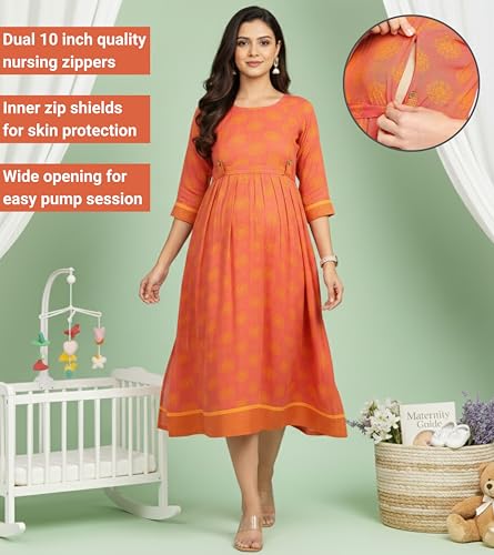 Image of DUMMY SHAPE Feeding Kurtis for Women Cotton Rayon | Orange Printed Pregnancy Flare Kurta with Nursing Zippers to Pre & Post Partum | Maternity Dresses | Gifts for Pregnant Woman (D-M-P051-XXXL)