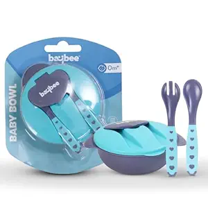 BAYBEE Baby Feeding Bowl with Lid, Spoon & Fork Set, for Baby Feeding, Baby Tableware Set Soft First Stage Feeding Baby Bowls Spoon Set | Baby Bowl & Spoon Set for Baby Kids (Blue)