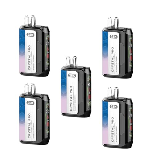 Crystal Pro 25000 Boost Plus 2 In 1 Mode, 900mah Rechargeable Battery, Mega Display, Type-C, Design And Build, 2ml Cartridge No Nicotine, Pack of 5, (Blueberry Raspberry)