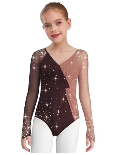 MSemis Leotardo de Ballet Bodies Danza para Niñas Maillot de Mangas Largas con Piedras Brillantes Coloridos Body de Gimnasia Rítmica para Actuación Marrón 11-12 años
