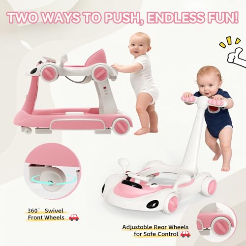 HAWEEK Baby Walker with Wheels, 7-in-1 Foldable Baby Walkers for Boys Girls 6-12 Months with Feeding Tray & Music, Lights,Rocker,Sun Canopy, Bouncing Pedal, Adjustable Wheel Speed, Push Walker (Pink) - Thumbnail 7