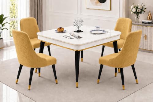 Image of WOODEN SPACE 4 Seater Wooden Dining Table Set | Urban Marble Top Dining Table with Chairs for Dining Room & Kitchen (Modern Vento Yellow) (42 x 42 x 30 inch)