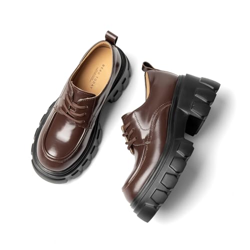 Image of BEAU TODAY Platform Oxfords for Women, Oxford Shoes for Women, Chunky Leather Lace Up Oxfords,Casual Comfortable Breathable Non-Slip Dress Shoes for Work Business