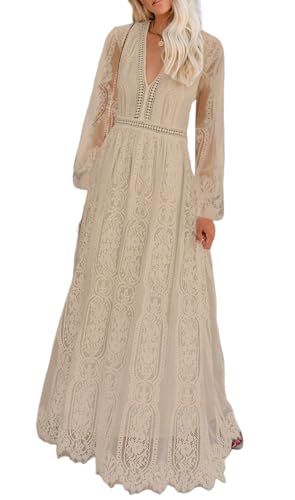 Cercis Women V-Neck Long Sleeve Floral Lace Formal Maxi Dress Spring Fall Flowy Wedding Party Long Dresses Apricot