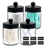 BIKALAN Glas wattestäbchen behälter, schminktisch badezimmer organizer Set mit Matt-schwarz Edelstahldeckeln, wattepadspender make up organizer für Wattestäbchen, Wattepads, Zahnseidepicks -4er Set