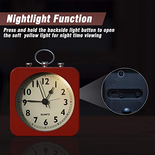 Image of AYRELY Small Metal Alarm Clock, Desk and Table Clock for Travel | Battery Operated Retro Silent Clock with Light for Bedroom, Bedside, Shelf and Living Room Decor (Red)