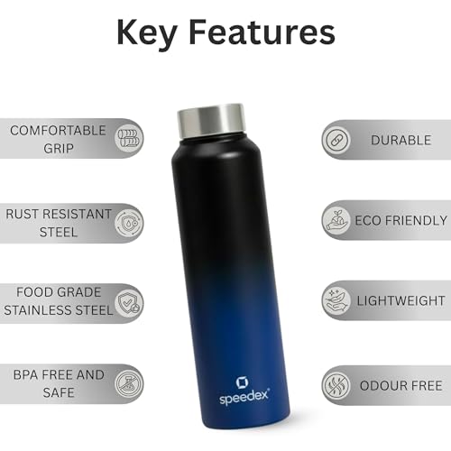 Image of Speedex Stainless Steel Water Bottle 1 Ltr, Leak Proof Screw Cap, BIS Approved 1000 ml Metal Bottle For Daily, Office, School, Gym, Travel Use for Men, Women, Kids, Adults, Black Blue, Set of 4