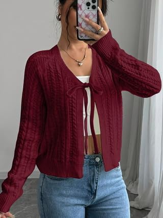 Women's Cable Knit Cardigan Sweater, Navy Blue, Long Sleeve, V-Neck, Cropped Style, Casual Wear - Image 2