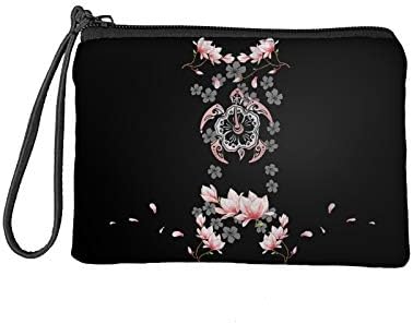 Babrukda Coin Purse Boho Hawaii Floral Sea Turtle Pink Coin Pouch for Women Small Change Purse with Wristlet Strap Wallet Bag Key Passport Cash Clutch Small Cosmetic Case 7"x 5.5"