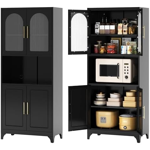 Kitchen Pantry Cabinet, 75" Tall Metal Storage Cabinets with Microwave Stand, Black Hutch Cabinet with Glass Doors and Adjustable Shelves, Freestanding Food Pantry Cupboard for Kitchen, Dining Room Cover