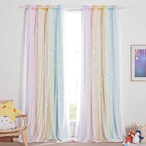 NICETOWN Curtains for Girls Bedroom Kids Hollow-Out Star Window 2 Layers Curtain 63 inches Length Room Darkening Grommet for Baby Nursery, 2 Panels, B
