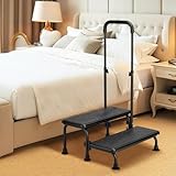 2 Step Stool with Handle for Elderly, Heavy Duty Step Stool with Adjustable Handrail, Non-Skid Platform and 6 Fixing Buckle, Bed Steps for High Beds for Adults, Seniors, Hold up to 450LBS Black