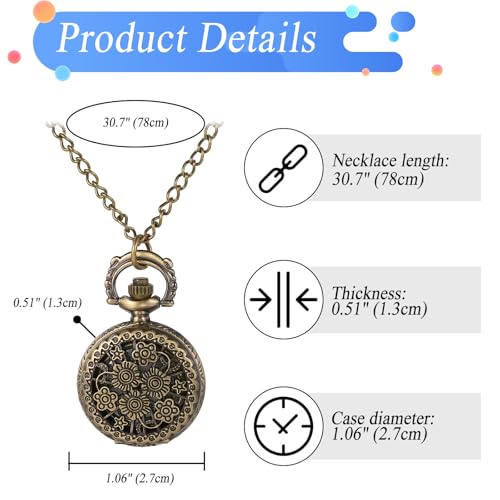 Image of JewelryWe Bronze Flower Pocket Watch: Retro Vintage Pendant Watch with Openwork Cover and 32.3 Inch Chain - for Men Women Daily Wear and Gift Giving