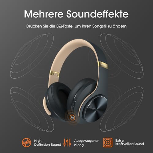 Bluetooth Kopfhörer Over Ear, Bis zu 90 Std Kabellose Kopfhörer mit 3 EQ-Modi, HiFi Stereo Faltbare Headset mit Mikrofon, weiche Ohrpolster für iPhone/ipad/Android/Laptops (Asphaltgrau) – Bild 4