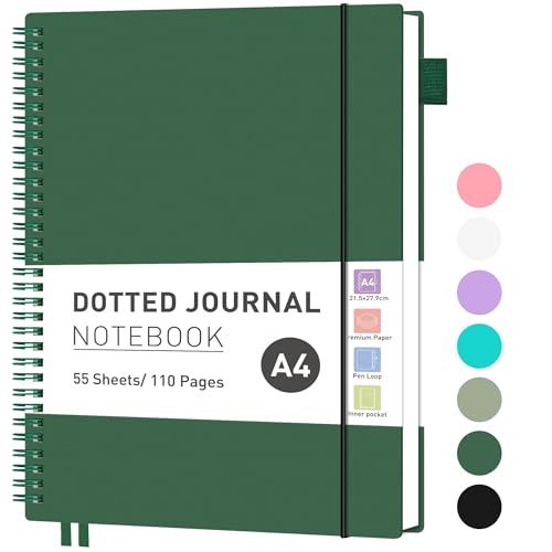 RETTACY Notizbuch A4 Gepunktetes, Bullet Dot Journal, Leichtgewicht Collegeblock, 55 Blatt / 110 Seiten Zum Schreiben, 100gsm, PVC Rinbuch, für Frauen Männer Arbeit Büro, 21,5 x 27,9cm - Dunkelgrün