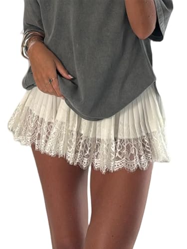 Sunloudy Women Lace Half Slip Skirt Elastic Low Waist Ruffle Pleated Underskirt Layered Flowy Mini Short Streetwear (White S)