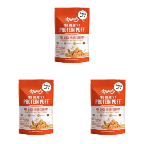 Image of Troovy Healthy High Protein Puffs | Tangy Tomato Flavour | No Palm Oil, Cholesterol or Trans Fats, No Junk & Chemicals | Made with Multiple Millets, Grains and Dal (80g (Pack of 9))
