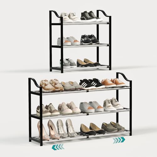 Yumark 3-Tier Shoe Rack Expandable Shoe Rack for Closet Small Shoe Storage Rack for Entryway Adjustable Shoe Shelf for Small Space, Metal Shoe Organizer for Garage, Front Door Entrance
