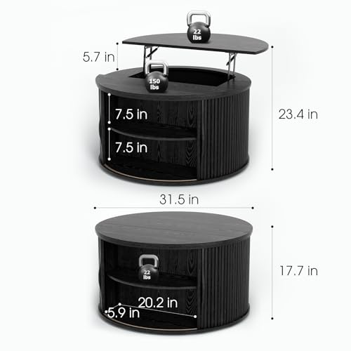 Image of JOINICE Round Lift Top Coffee Table with Storage for Living Room,Black | 31.5 inch Drum Design,Hidden Storage&Open Shelf,Modern Fluted Center Table for Small Apartments,Easy Assembly,Up to 150 lbs