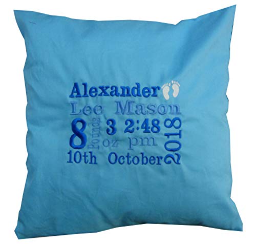 Image of Giftsabc Personalised baby cushion embroidered with birth details (pale blue)