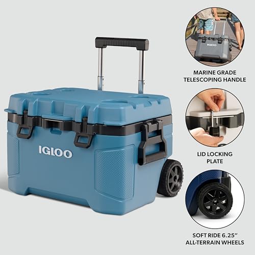 Image of Igloo Trailmate 52Qt Wheeled Cooler, Insulated Hard Shell Ice Chest, Modern Blue
