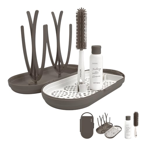 Image of MOTHER-K Travel Baby Bottle Drying Rack with Bottle Brush & Soap Dispenser, Baby Essentials for Travel (Brown)
