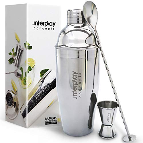Interplay Concepts 25oz Cocktail Shaker - Large Drink Shaker for Perfect Drinks - Stainless Steel Martini Shaker with Built in Strainer, Jigger & Spoon - Professional Cocktail Shaker Set for Mixing by Interplay Concepts - Used condition - US$11.20