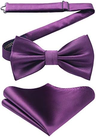 HISDERN Men's Solid Color Pre-tied Bow Tie Adjustable Tuxedo Two Layer Bow Tie and Pocket Square Set with Gift Box