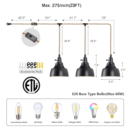 Image of 3 Light Plug in Pendant Light Cord 22FT Farmhouse Hanging Lamp | Industrial with Twisted Hemp Rope Independent Triple Switch Hanging Light Chandelier for Dining Room