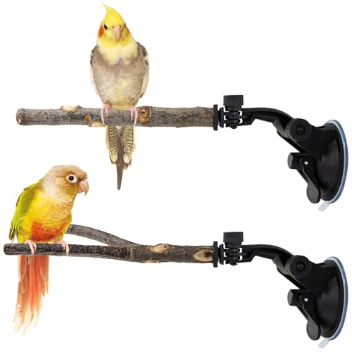 2 Pcs Parrot Perch Stand Strong Suction Cup Bird Perch Movable Perch Stand Bird Training Set for Window Mirror Car Shower Ceramic Tiles Bath Wood Training Perch for Bird Cockatoo Macaw Parakeet
