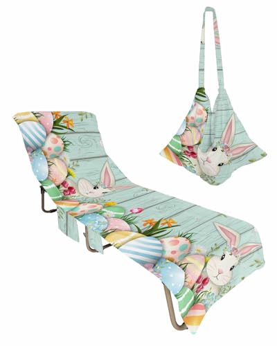 Teal Easter Beach Lounge Chair Towel Cover, Soft Chaise Lounge Towel with Side Pockets Patio Pool Chairs Cover for Beach/Pool Sunbathing 29x85 Spring Floral Colorful Eggs Botanical Wooden