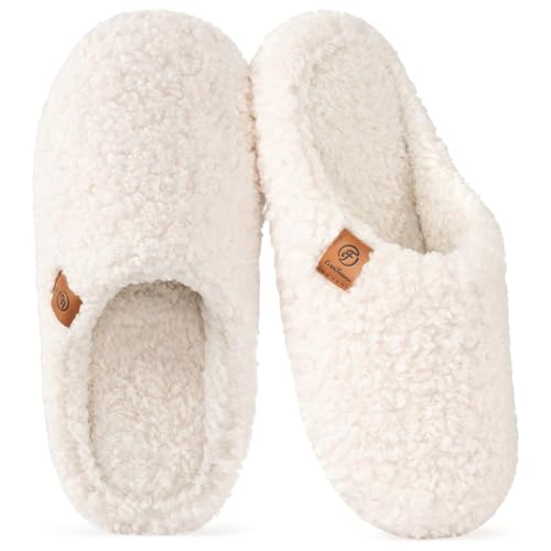 EverFoams Women's Mule Slippers Comfy Warm Shearling Lightweight Breathable Memory Foam Anti-Slip House Shoes Beige, 5-6UK