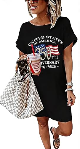 BOMYTAO 250th Anniversary USA Dress for WomenAmerican Flag Graphic Tshirt Casual 4th of July Short Dress(Black-211,X-Large)