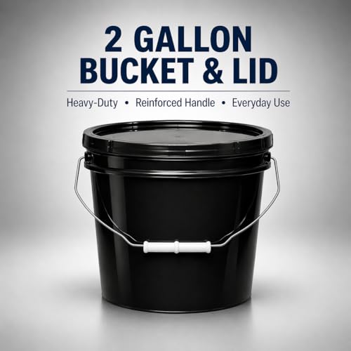Image of MKS Plastics 2-Gallon Bucket with Airtight Lid - Made in USA, Food Grade BPA Free Plastic, Heavy Duty Multi-Use, Metal Handle with Grip, Stackable Storage - Black, 6 Pack
